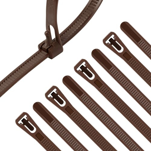 XINGO 100PCS 12 inch Brown Releasable Cable Zip Ties Adjustable Wire Cable Ties, Reusable Zip Ties Tie Straps for Multi-Purpose Use Indoor and Outdoor Plastic Tie Wire