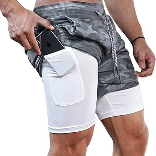 QINFEN YUNDOU Herren 2 in 1 Shorts Sommer Schnelltrocknende Laufshorts Herren Sport Shorts mit Taschen Sport Kurze Hosen Fitness Laufhose