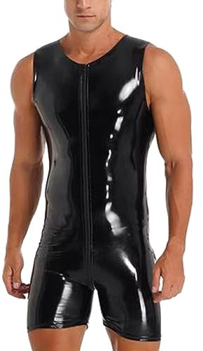 Duohropke Herren Bodysuit Wetlook Body Ouvert Boxershorts Unterhemd Stehkragen Dessous Leder Seitlich transparent Männer Overall eng sexy mit Zip Catsuit
