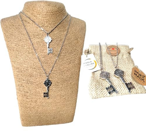 2 Collares de LLave de San Benito Plata, Gargantilla Protección con Cadena de Acero Inoxidable 45/50cm. Regalo Parejas, Católico Religioso Hombre Mujer (Llaves San Benito)