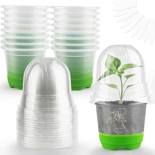 Kalolary 15PCS Pots de Pépinière Transparents avec 15 Dôme D'Humidité, 10cm Base en Silicone en Plastique Pots de Démarrage de Semis avec Trous de Drainage pour Transplantation Semis Plantes Fleurs