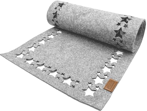 Miqio Design Filz Tischläufer Sterne | Tischläufer Winter | 150x 40cm abwaschbar | Filzläufer 0ekotex Filzstoff mit Echtleder Label | Tischdecke Weihnachten- Hellgrau