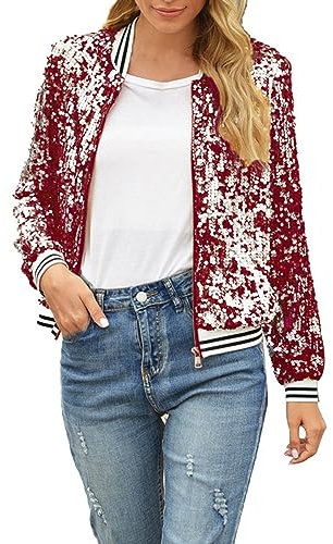 Baseball Jacke Damen Pailletten Reißverschluss Langarm Jacken Sakko Pailletten Jacke Elegant Kurz Sakko Rave Party Outwear Blazermantel Bomberjacke Bikerjacke Übergangsjacke (Z1-Red, XXL)