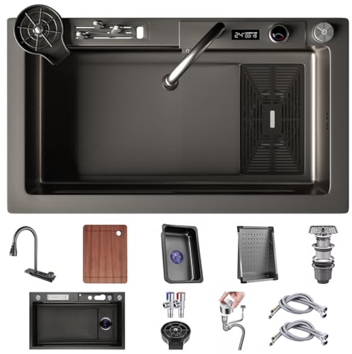 OMGMTSTORE Fregadero de cocina de acero inoxidable con grifo digital multifunción cascada con cesta de drenaje, tabla de cortar, limpiaparabrisas, componente de drenaje