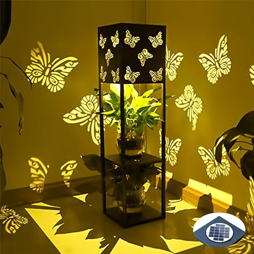 RJEDL Butterfly Solar Lantern Outdoor, 32 Large Metal Solar Garden Lights Waterproof with 3 Tier Shef, LED Solar Powered Path Lights Decoration for Garden, Patio, Yard, Party
