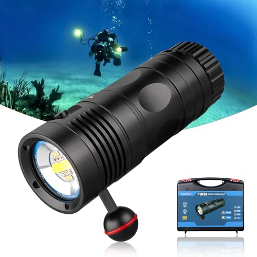 TrustFire DF90 Kit Linterna de Buceo, Foco de Buceo Recargable 15000 Lúmenes, Linterna Sumergible 70M Impermeable, 3 Tipos Diferentes de Iluminación(Luz de Blanca, UV, Roja)