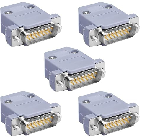 Harrisen 5 Stücke DB15 RS232 D-SUB Serielle Lötbecher Steckverbinder Kit,Vergoldet Gelenke RS232 Serienlötart 15-Pin D Sub Koppler mit Kunststoffhauben,Zugentlastung Tülle und Schrauben (stecker)