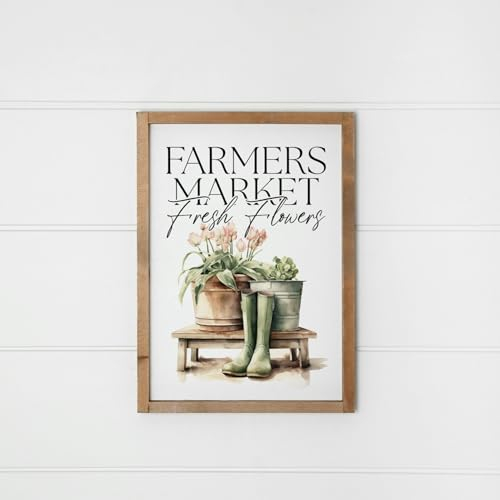 Landhaus Deko Schild - Farmers Market No8 - Frühling, Frühlingsdeko, Marktstand, american Farmhouse, Holzschild, Blumen, Stiefel (42x30 cm)