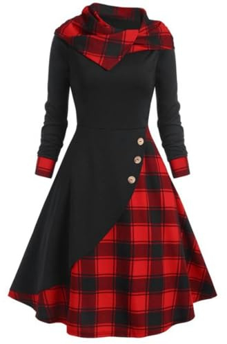 Robe à Capuche et col Haut, Coutures écossaises, Noir avec Carreaux Rouges, Nouvelle Collection, S
