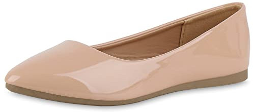 VAN HILL Damen Klassische Ballerinas Lack Schuhe Slippers Flache Slip On Abendschuhe Leder-Optik Freizeit Schlupfschuhe 211150 Beige Lack 42
