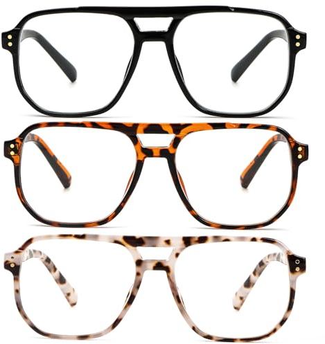 KoKoBin 3 Pack Übergröße Flieger Vintage Lesebrille Herren und Damen Quadratisch Federscharnier lesebrillen Anti Licht Blau Computer Leser (3 Pack, 3.5, x)