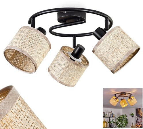 Deckenleuchte Sabadim, Deckenlampe aus Metall/Papiergeflecht in Schwarz/Beige, Leuchte im modernen Boho-Style mit verstellbaren Schirmen (Ø 12 cm), skandinavisches Design, 3 x E14, ohne Leuchtmittel