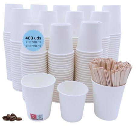 Kiwilima KL 400 Vasos Café Desechables | Vasos Desechables para Bebidas Calientes y Frías | Vasos Cartón para Café | 200 vasos 180 ml, 200 vasos 120 ml, 400 Paletinas de Madera