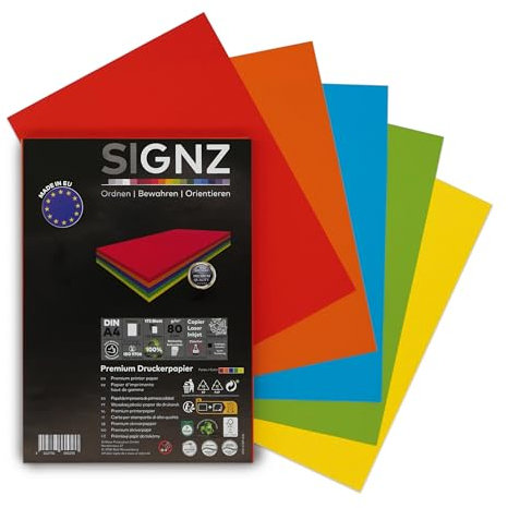 SIGNZ Kopierpapier, DIN A4, farbig (35 x 5 Farben), 80g, 175 Blatt, Druckerpapier für Zuhause & Office, FSC Mix 70%