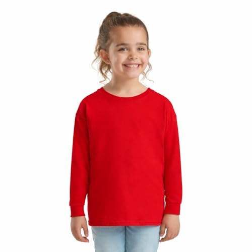 HiFEN® Kids Plain Basic Long Sleeve Round Neck Cotton T-Shirt Stretchy & Comfortable PE School Tee Top Age 3 to 15 Years Red