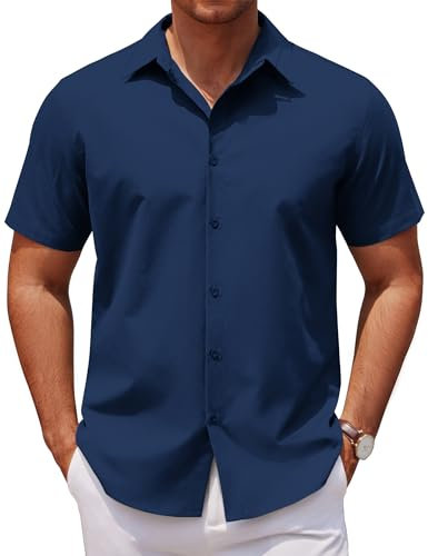 COOFANDY Mens Shirts Summer Business Casual Short Sleeve Regular Fit Dress Formal Smart Casual Shirts Basic Classic Solid Color Top Navy Blue L