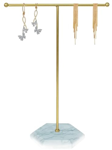 Smyckeshållare, T-formade smyckesställ, smyckesställ, smyckeshållare, kedjehållare, metallsmyckesställ, marmorbas, för små halsband och armband, guld