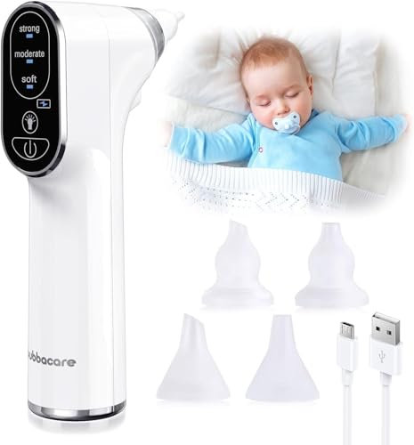 Bubbacare Baby Nasensauger Elektrisch mit LED-Lampe, 4 wiederverwendbare Silikon-Rotzsaugerdüsen & 3 Saugstufen, Elektrische Nasensauger für Babys, Neugeborene, Kleinkinder und Kleinkinder, Weiß