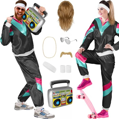 Balinco 80er Jahre Outfit Damen/Herren, Trainingsanzug Karneval Kostüm Set, Vokuhila Perücke, Bart, Kette, Pilotenbrille, Schweißbänder, Ghettoblaster (Schwarz I Petrol I Pink, L)
