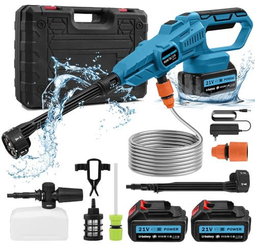 Hidrolimpiadora de Alta Presión, Hidrolimpiadora Inalámbrica 120 Bar 21V con 2 Baterías Recargables, 6 en 1 Boquilla Hidrolimpiadora de Bateria para Limpieza de Automóviles/Suelos/Patios