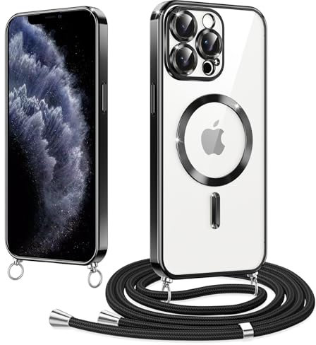 Woijrly Magnetische Handyband mit Band für iPhone 11 Pro Hülle, [Kompatibel mit Magsafe] Handyhülle Case mit justierbarer Schnur Abnehmbar Strap, Crossbody Schutzhülle zum Umhängen Kordel, Schwarz