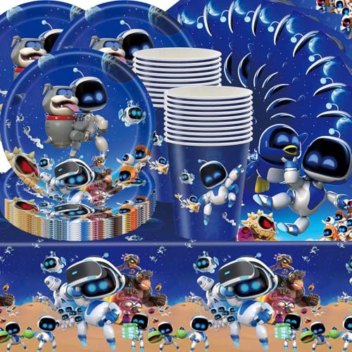 Stoviglie da festa per robot, 61 pezzi, tra cui piatti di carta, bicchieri di carta, tovaglioli di carta e tovaglie. Adatto per 20 compleanni di bambini.