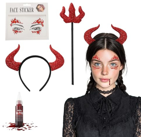Festicy Serre Tete Diable avec Trident Diable et 25 ml de Faux Sang I Face sticker pour déguisement Halloween femme, homme et enfant I Serre tete halloween diable rouge réutilisable