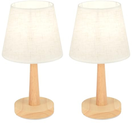 LIGKIN Lot de 2 Lampe de Table Moderne Avec Abat-jour en Tissu Blanc E27 Lampe de Chevet en Bois Avec Interrupteur lampes de bureau pour Chambre Salon Lecture
