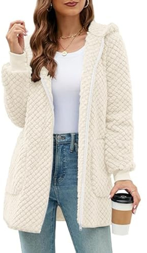 ABYOVRT Veste Polaire Femme Longue à Capuche Zippée Manteau Teddy Doux Veste Polaire d’Hiver avec Poches Pull Douillet Chaude et Confortable,S-XXL