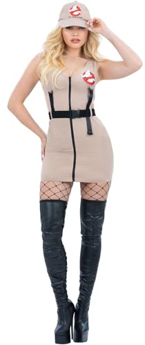 Smiffys Ghostbusters Vest Dress Costume for Women, Official Licensed Ghostbusters Outfit Featuring Zip-Up Dress with Belt, Matching Logo Hat, Sexy Halloween Fancy Dress Adults, Movie Cosplay, Small