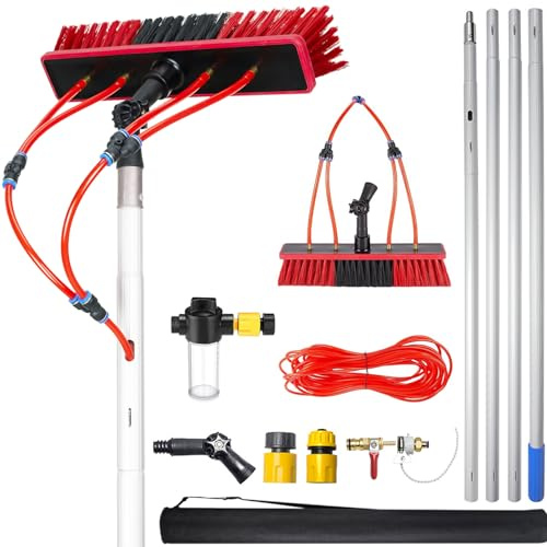 YFSMBD Teleskop Waschbürste mit Wasseranschluss | Teleskopstange 6m | mit Seifenspender | Reinigungsbürste ausziehbar aus Aluminium für PV Anlagen, Fenster, Terrassendach, Wohnmobil | 55cm Bürste