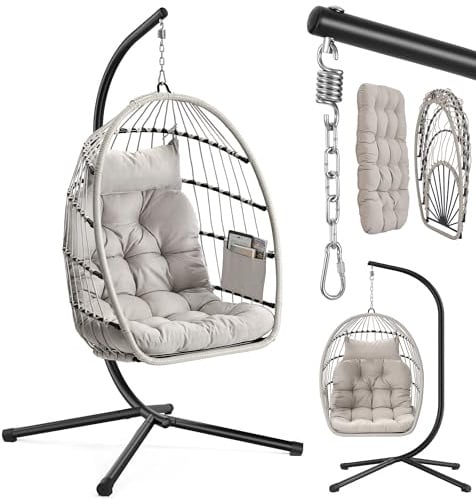 SONGMICS Hängesessel mit Gestell, klappbar, höhenverstellbar, Kissen | Hängeschaukel Outdoor, Korbsessel, Korb abnehmbar, Seitentasche, Garten, Balkon, weiß, SOGNIA Kollektion GDC050WZ01