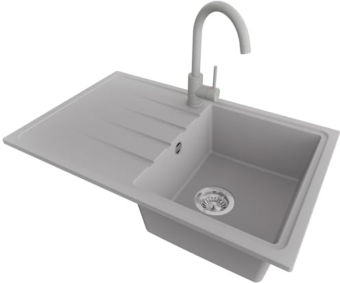 PRIMAGRAN Granitspüle ab 45er Unterschrank + Küchenarmatur, 78x50cm | Set: Küchenarmatur BW5010 + Ablauf-Set (Siphon, Ablaufgarnitur, Überlauf) + Spülbecken 1 Becken - Mailand, Grau
