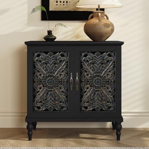 HOLTICO Kommode Schwarz, Vintage Sideboard Buffet Schrank mit Hohle Blumenschnitzerei, Akzent Schrank Holz Kommoden & Sideboards für Wohnzimmer, Esszimmer, Küche