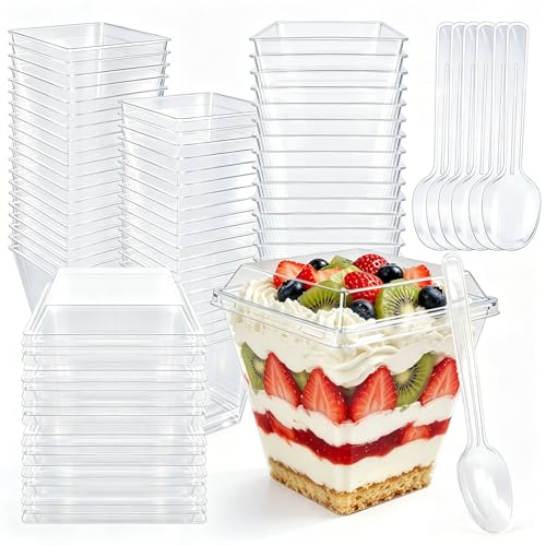 50Pcs Tasses à Dessert 240ml/8oz Coupes Gobelets Mini Verres à Dessert Réutilisable pour les puddings, les glaces, les mousses, les pique-niques, les fêtes et les desserts en famille（7x7cm）
