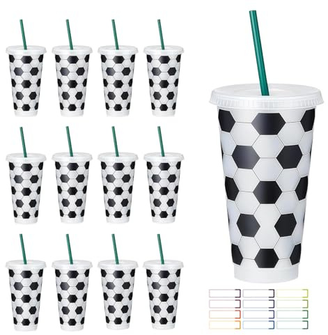 BUERPINKING 12 Stück Fußball Becher 710ml (24oz) mit Deckel und Strohhalm, Wiederverwendbare Trinkflaschen Fußball-Sportball Geburtstagsfeier Geschenke für Partys, Fans, Teamdekoration (Weiß)