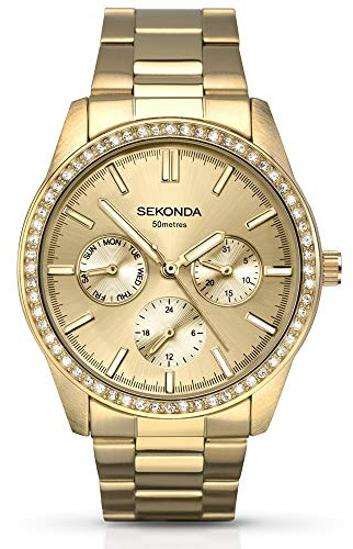 Sekonda Damen-Quarzuhr, 37 mm, mit Schmucksteinen, 50 m, wasserdicht, mit Edelstahlarmband