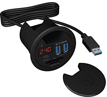 ICY BOX 60124 USB Tisch Hub zum Einbau, 60 mm, USB 3 Hub, USB-C, Ladefunktion, Kartenleser, Display mit Netzteil