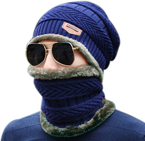 Belsen Herren Reiten Plus Kaschmir Gesicht Mütze Strickmützen Lätzchen Masken Cap Pelzball Kit (Navy blau grau)