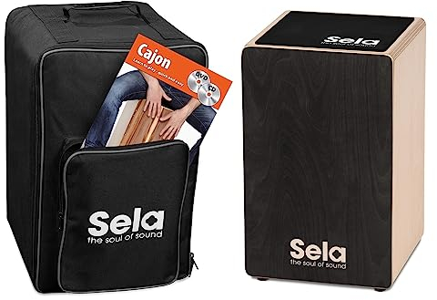 Sela SE 120 Primera Cajon Black Einsteiger Bundle mit Sela Snare System, aufgebaut, Rucksack, Sitzpad, Schule, CD, DVD
