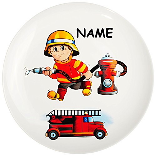 alles-meine.de GmbH großer Teller - Kinderteller - Feuerwehr - Feuerwehrmann & Feuerwehrauto - inkl. Name - Ø 21 cm - aus Porzellan/Keramik - Speiseteller/Frühstückstelle..
