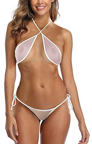 SHERRYLO Bikini de red transparente, mini bikinis transparente, parte superior envolvente brasileña, tanga, parte inferior, Blanco, Talla única