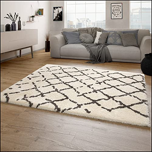 Paco Home Hochflor Teppich Wohnzimmer Shaggy Langflor Skandinavisches Rauten Muster Modern, Grösse:160x230 cm, Farbe:Grau 2