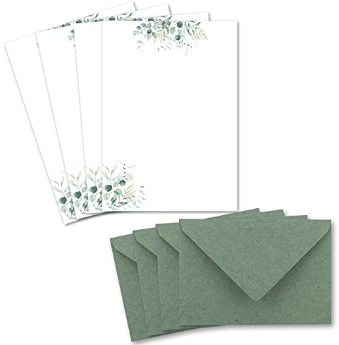 Glüxx Agent 25 Briefpapier-Sets DIN A5 - Naturpapier in Creme mit Eukalyptus-Zweigen - mit Briefumschlägen DIN C6 in Eukalyptus-Grün - Briefbogen bedruckbar ideal für Hochzeitseinladungen