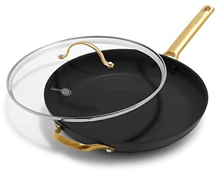 Greenpan Reserve Hard Anodized Healthy Ceramic Nonstick 12 Frying Pan Skillet with Helper Handle and Lid, Gold Handle, PFAS-Free, Dishwasher Safe, Oven Safe, Black