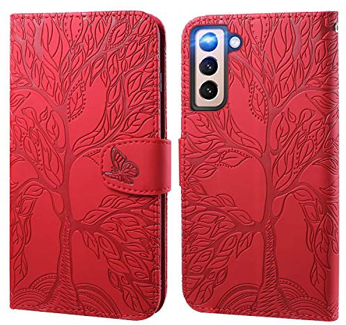 Aisenth Handyhülle für Samsung Galaxy S21 FE 5G, Baum Muster Leder Handytasche Brieftasche Klapphülle Etui Wallet Flip Case Schutz Hülle mit TPU innen Schale, Kartenfächer -Rot