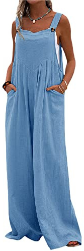 YILEEGOO Cotton Linen Dungarees for Women, Ladies Casual Overalls Baggy Wide Leg Pants Jumpsuit Playsuit