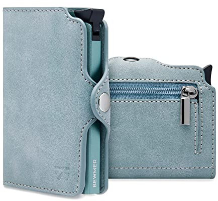 BEWMER Kreditkartenetui 1 abgeschirmt | Slim Brieftasche für Damen und Herren | Kartenhalter und Ausweishülle mit RFID Protection und Geldklammer aus Carbon Fiber, Blaues Zuckerpapier, Con Zip