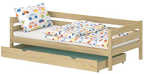 WNM Group Kinderbett für Mädchen und Jungen Kaira - Jugenbett aus Massivholz - Bett mit Schubladen - Funktionsbett 190x90 cm - Natürliche Kiefer