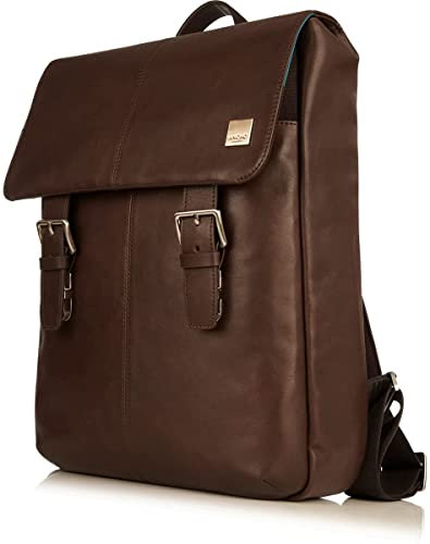 KNOMO Men's Large Leather Laptop Backpack Business Bag with Buckle Flap Fits 16 Inch Computers Brown
